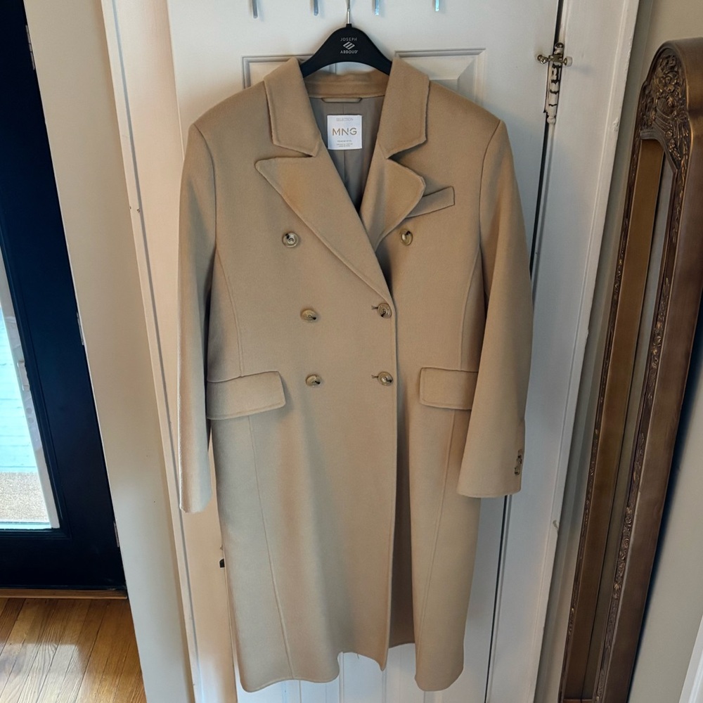 MNG Women's Beige Camel Long Double-Breasted Wool Trench Coat